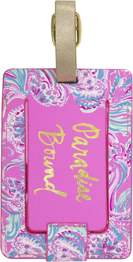 Lilly Pulitzer Leatherette Luggage Tag with Secure Strap, Colorful Suitcase Identifier for Travel