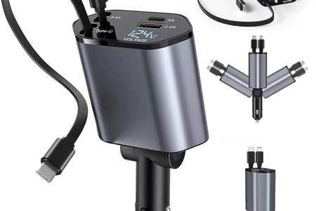 4 in 1 Retractable Car Charger, 100W Quick Charge with 2 USB Port, Retractable Iphone Charger & Tap-C Charger, Retractable Cable