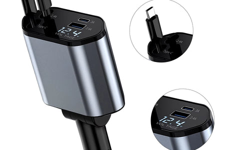 4 in 1 Retractable Car Charger, 100W Quick Charge with 2 USB Port, Retractable Iphone Charger & Tap-C Charger, Retractable Cable