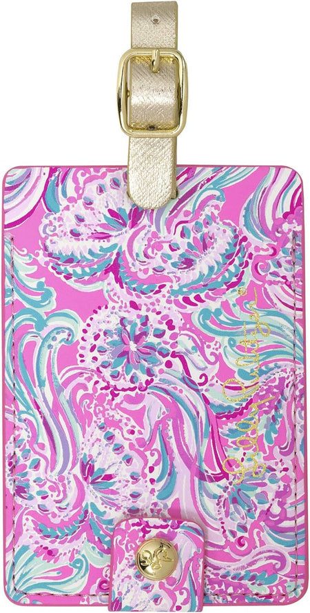 Lilly Pulitzer Leatherette Luggage Tag with Secure Strap, Colorful Suitcase Identifier for Travel