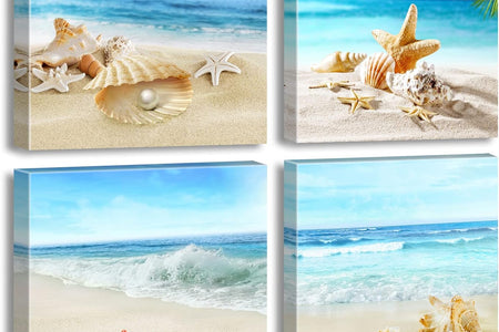 Beach Bathroom Paintings Decor Wall Art Seashell Starfish Nature Canvas Picture Blue Ocean Theme Decorations Posters Contemporary Nautical for Bedroom
