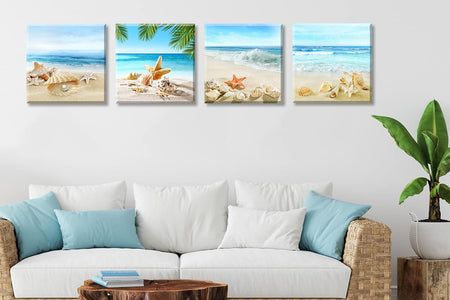 Beach Bathroom Paintings Decor Wall Art Seashell Starfish Nature Canvas Picture Blue Ocean Theme Decorations Posters Contemporary Nautical for Bedroom