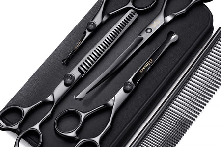 4CR Stainless Steel Safety round Tip 6 in 1 Professional Dog Grooming Scissors Kit, Heavy Duty Titanium Coated Straight & Thinning & Curved Shears & Comb Set for Dog & Cat Grooming