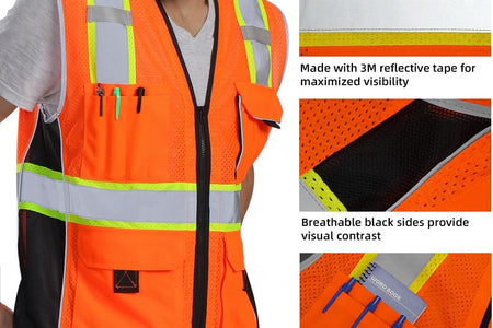 Vest Reflective Orange Mesh, High Visibility Vest with Pockets and Zipper, Heavy Duty Vest Made with 3M Reflective Tape 2XL